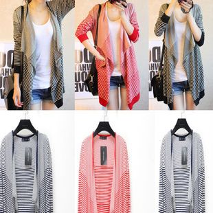 2013春季新款中長款寬松條紋不規(guī)則長袖女針織衫開衫